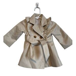 Tahari tan trench coat jacket long ruffled line button dressy belt Size 3-6mo